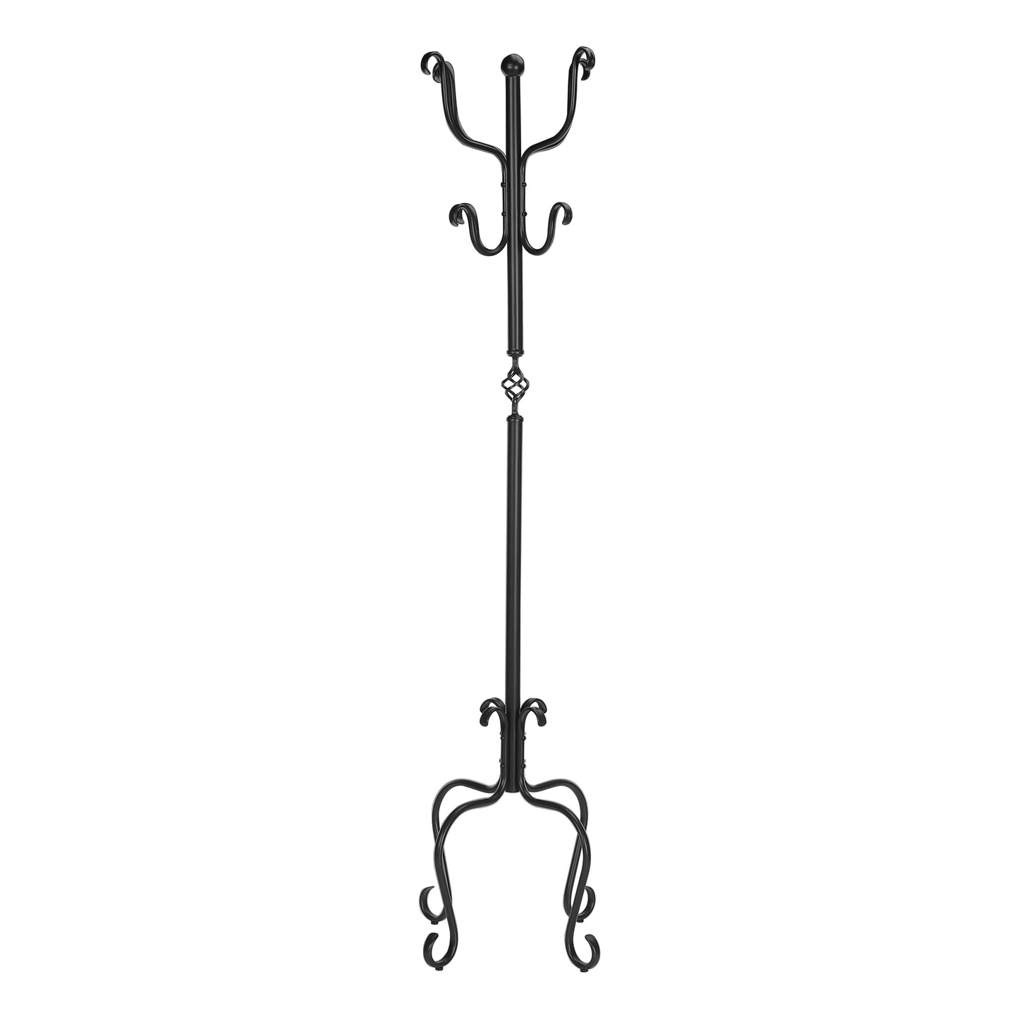 Black wrought iron coat rack with ornate scrollwork and four hooks