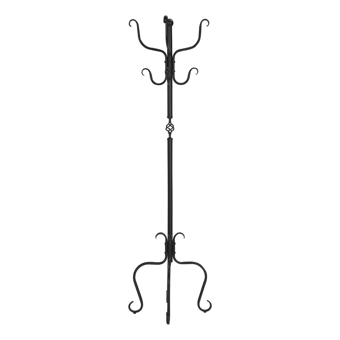 Black wrought iron coat rack with decorative scrollwork