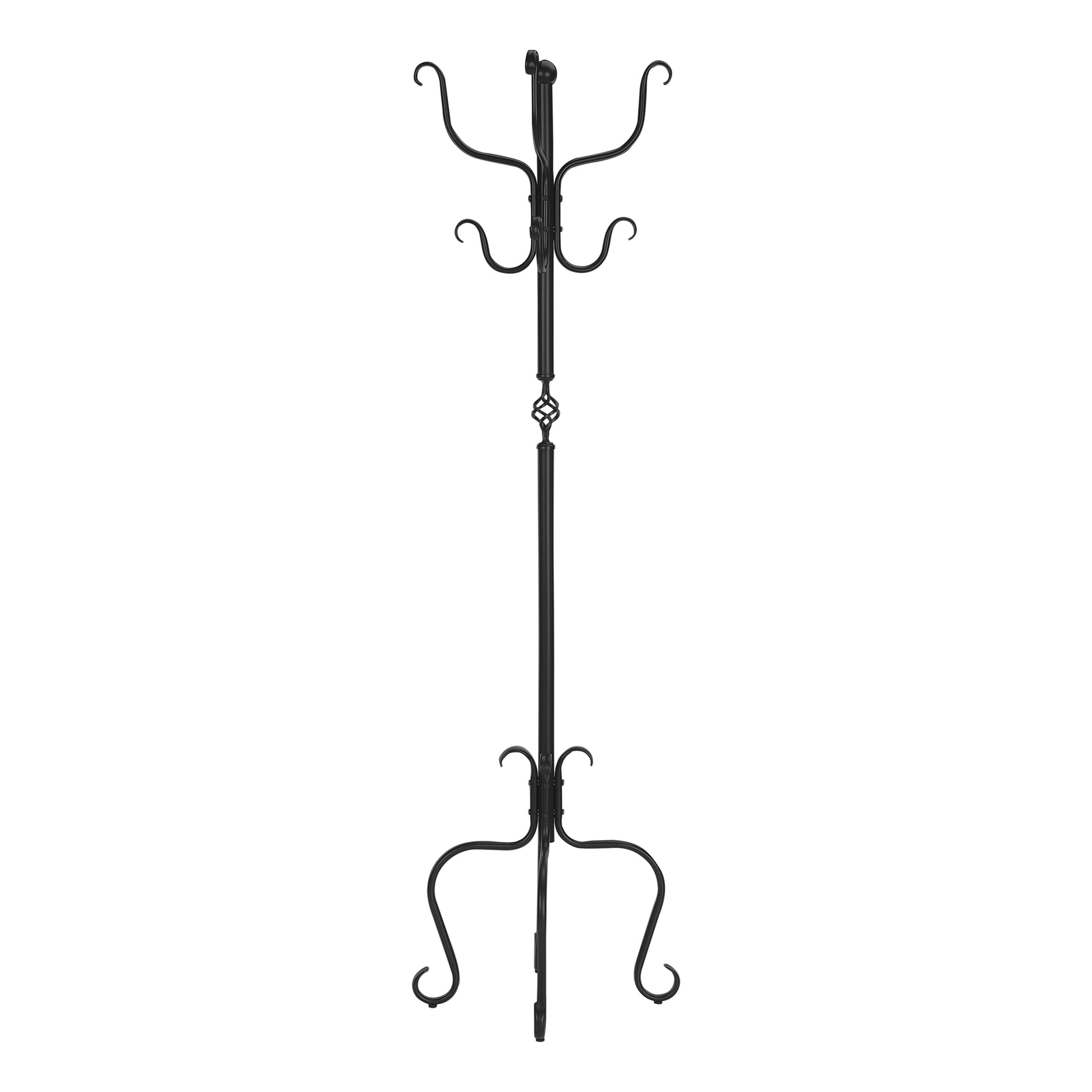 Black wrought iron coat rack with decorative scrollwork