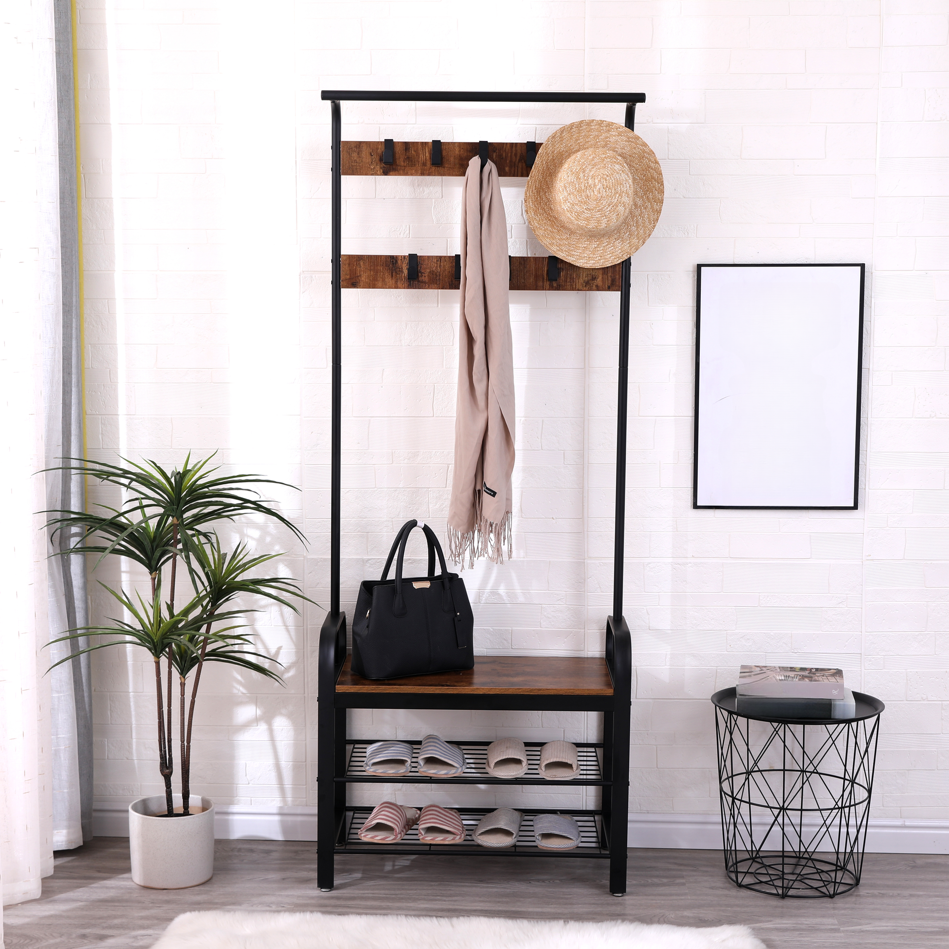 Industrial entryway coat rack with bench and shoe shelves