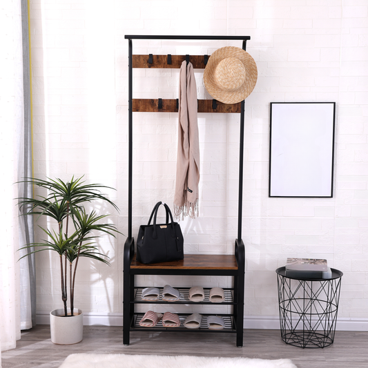 Industrial entryway coat rack with bench and shoe shelves