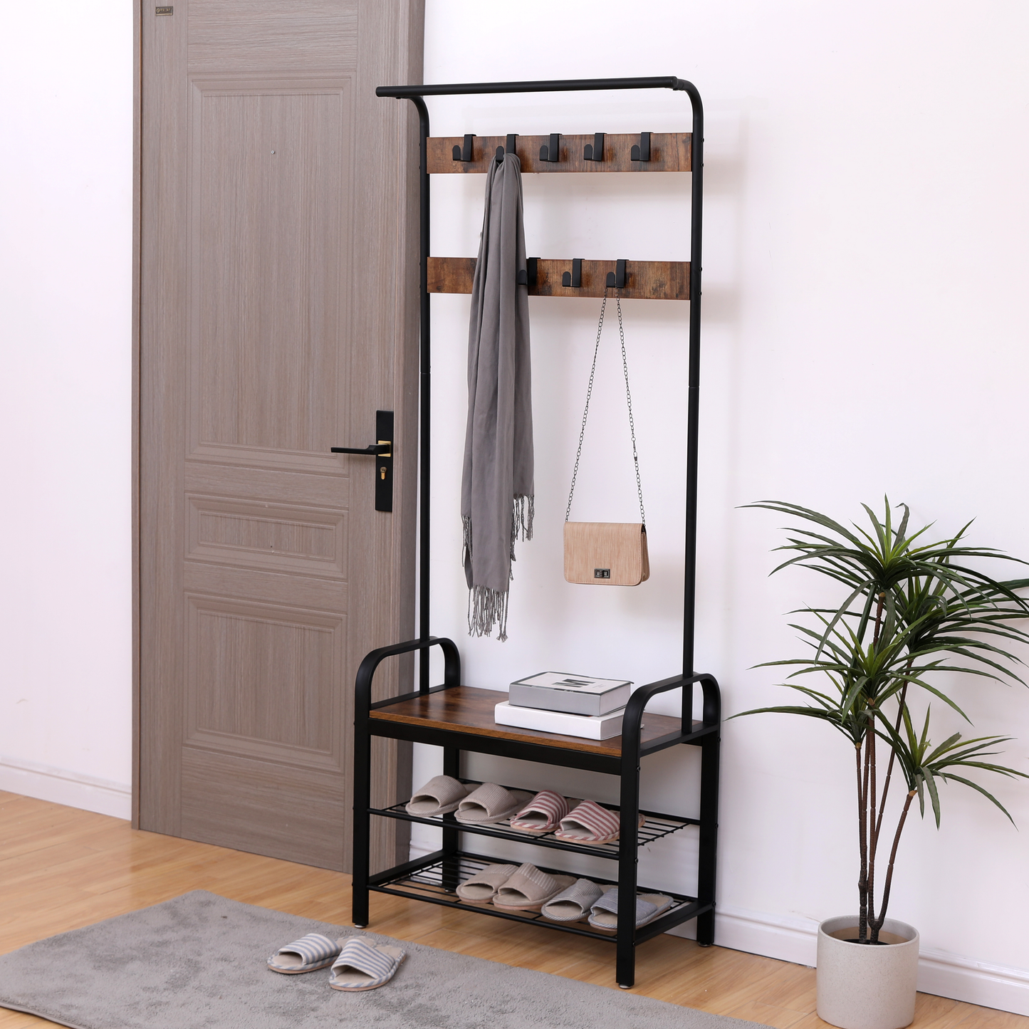 Rustic wood and black metal entryway coat rack with shoe storage