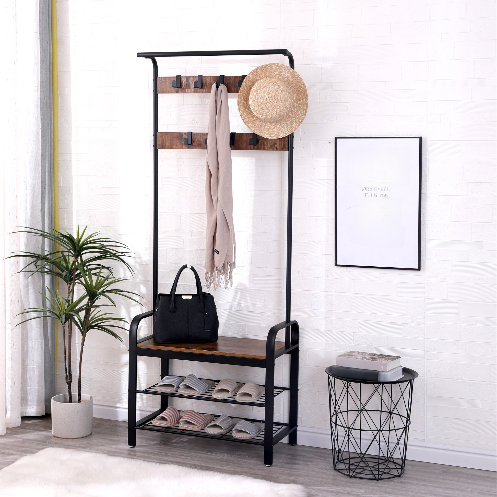 Industrial hall tree with wood bench and shoe rack