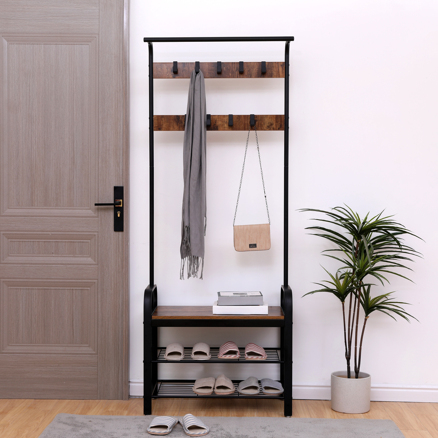 Industrial style coat rack with shoe storage distressed wood shelves and black metal frame