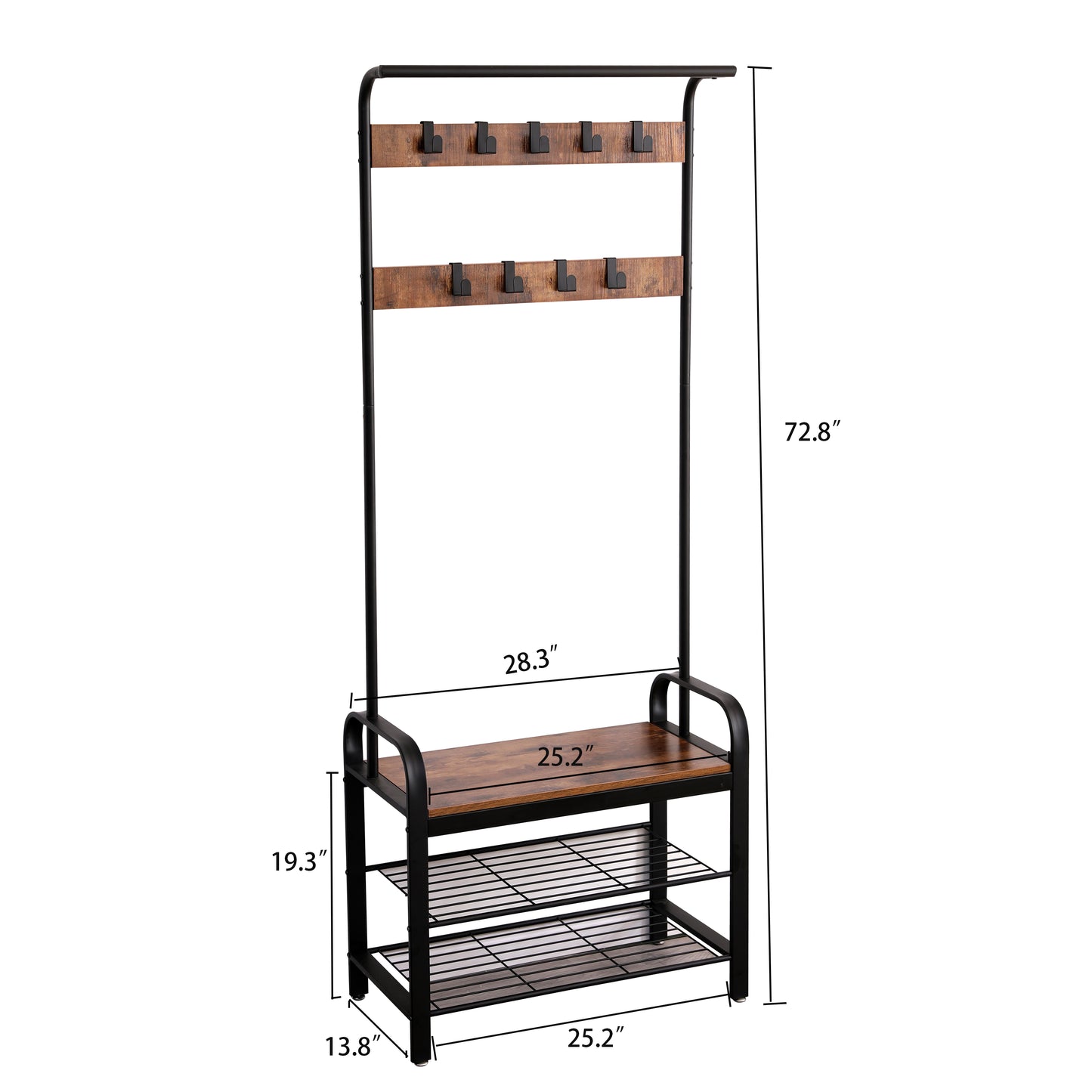 Rustic hall tree with two shelves a bench seat and  coat hooks for entryway organization