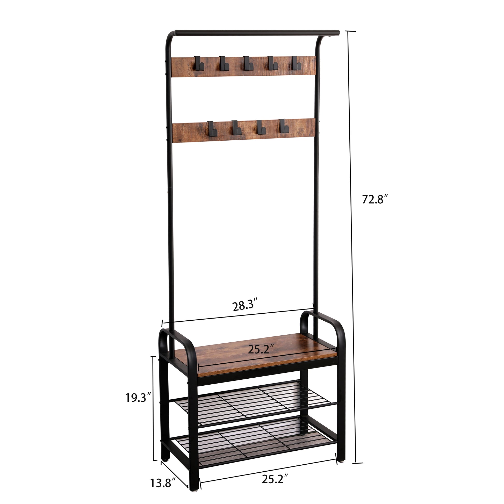 Rustic hall tree with two shelves a bench seat and  coat hooks for entryway organization