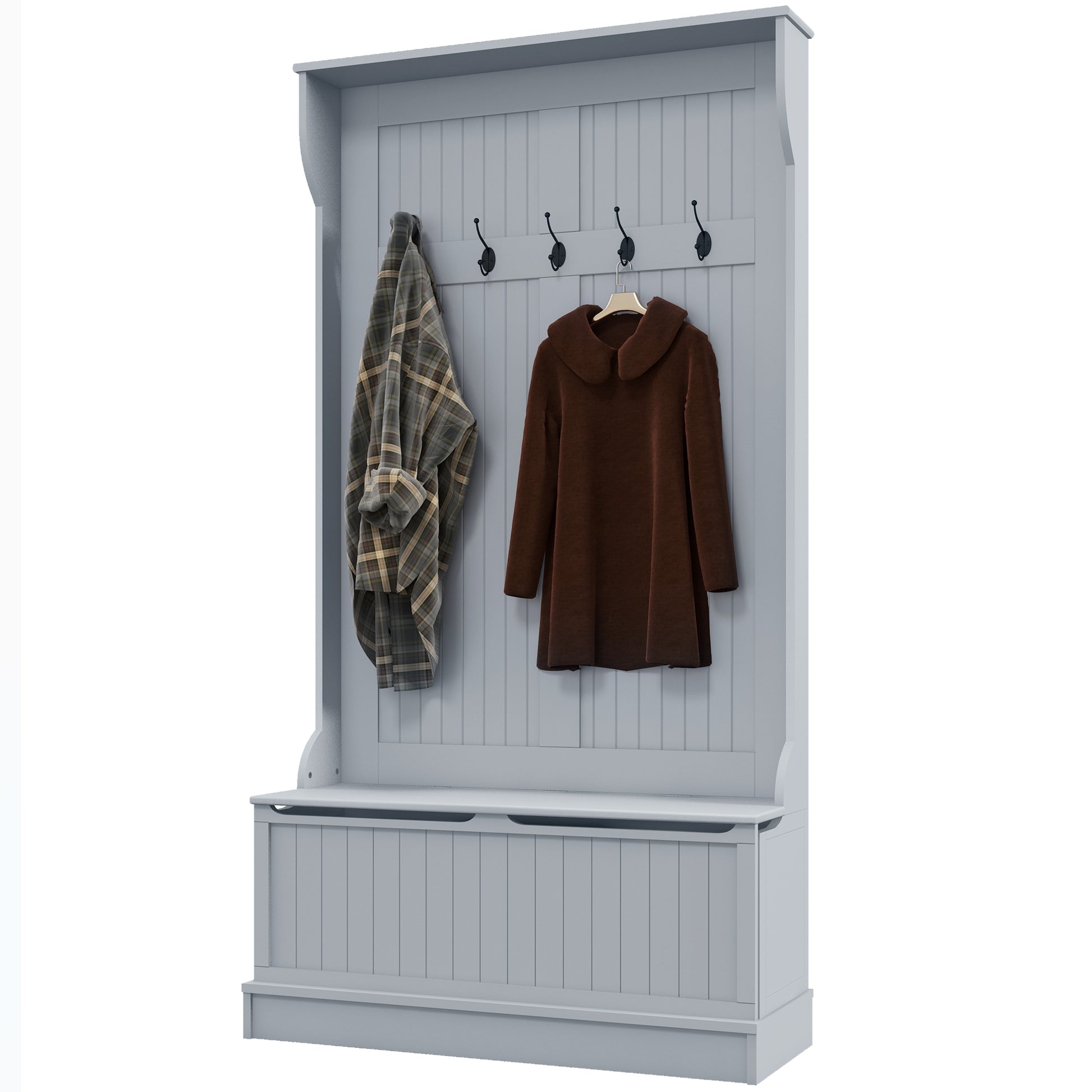 Gray wooden hall tree with coat hooks and storage bench