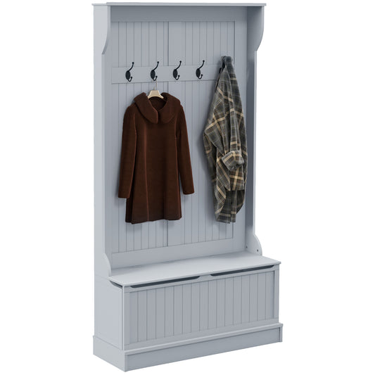 Grey wooden hall tree with bench and coat hooks