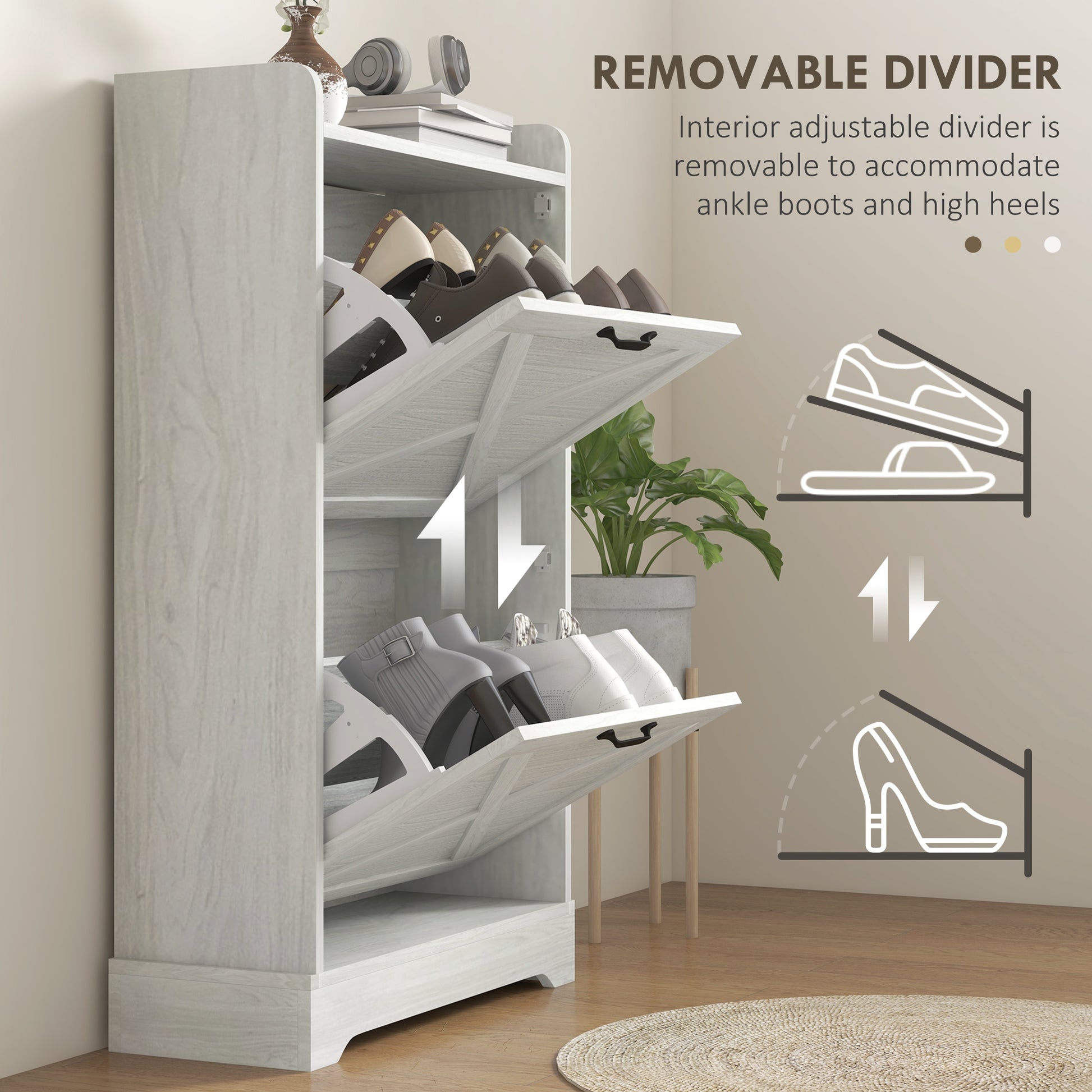 White wood entryway shoe cabinet with flipout drawers storing various shoes