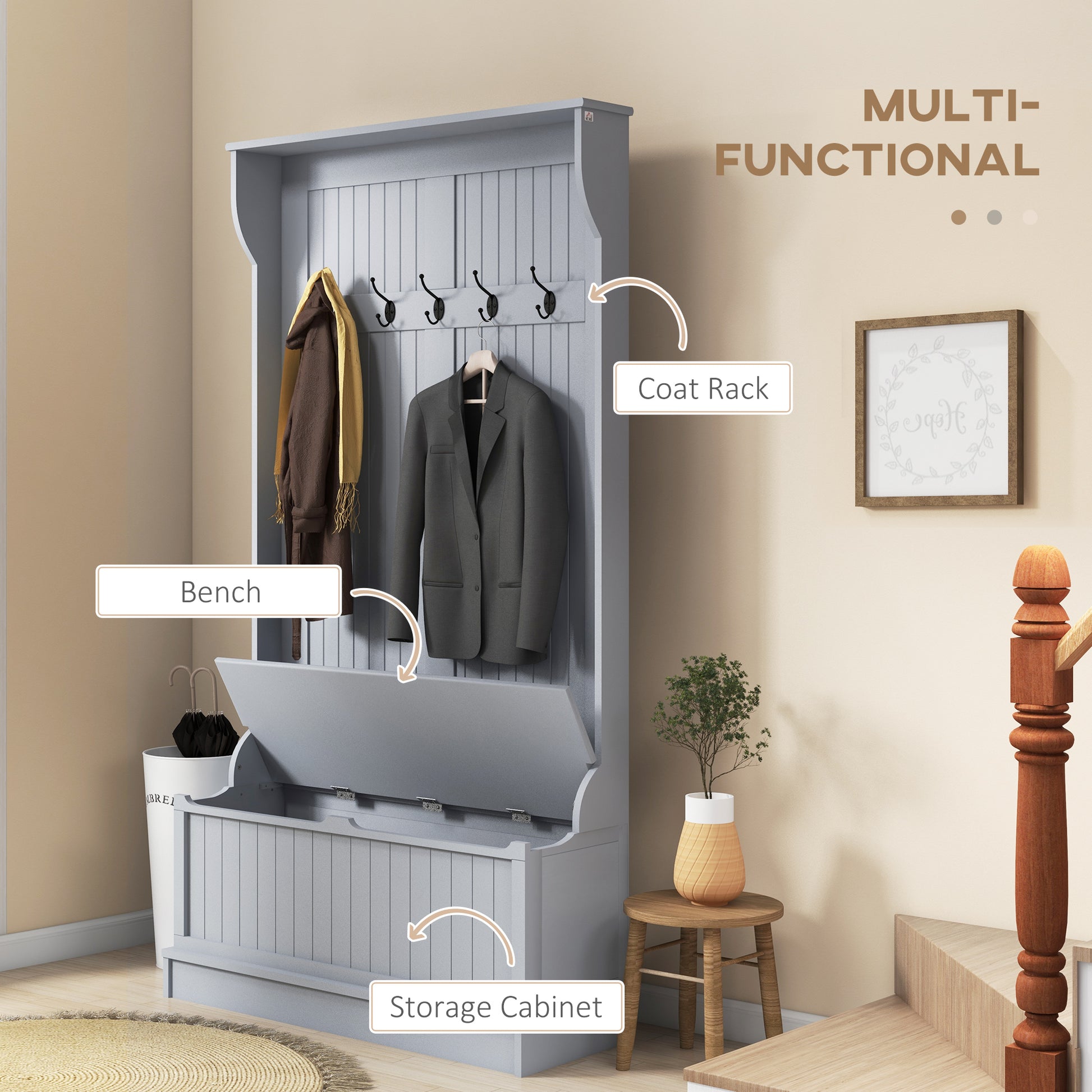 Grey hall tree with coat rack bench and storage cabinet for entryway organization