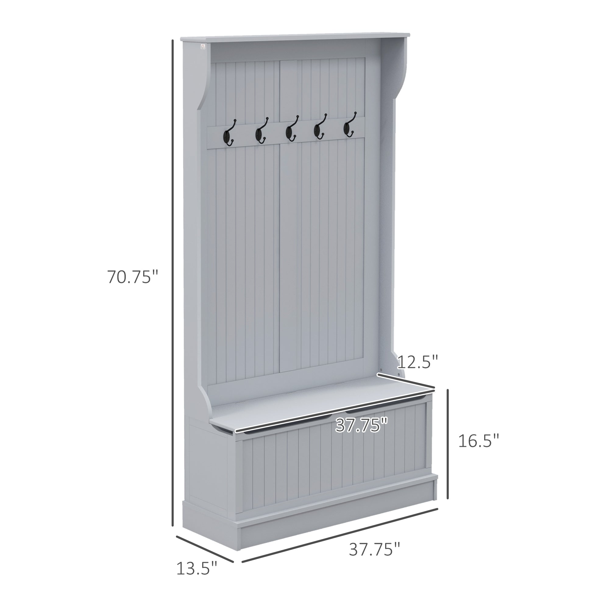 Gray wooden hall tree with five black coat hooks and storage bench