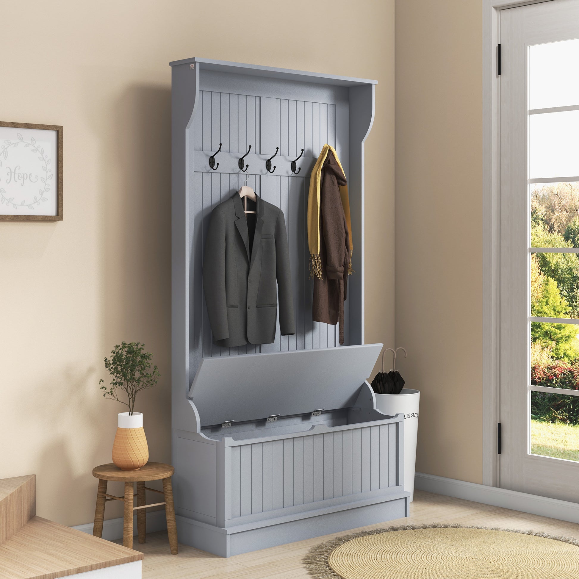 Gray hall tree bench with storage and coat hooks
