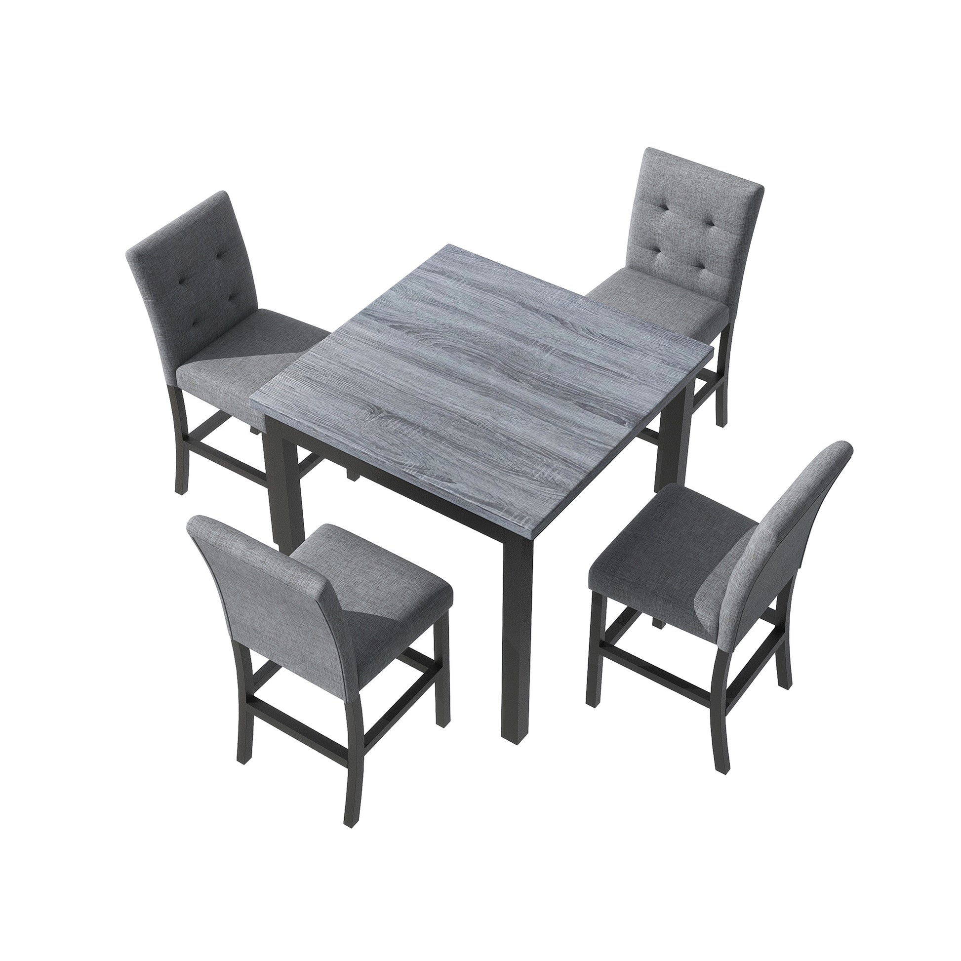 Gray fabric dining set with tufted chairs and weathered wood table
