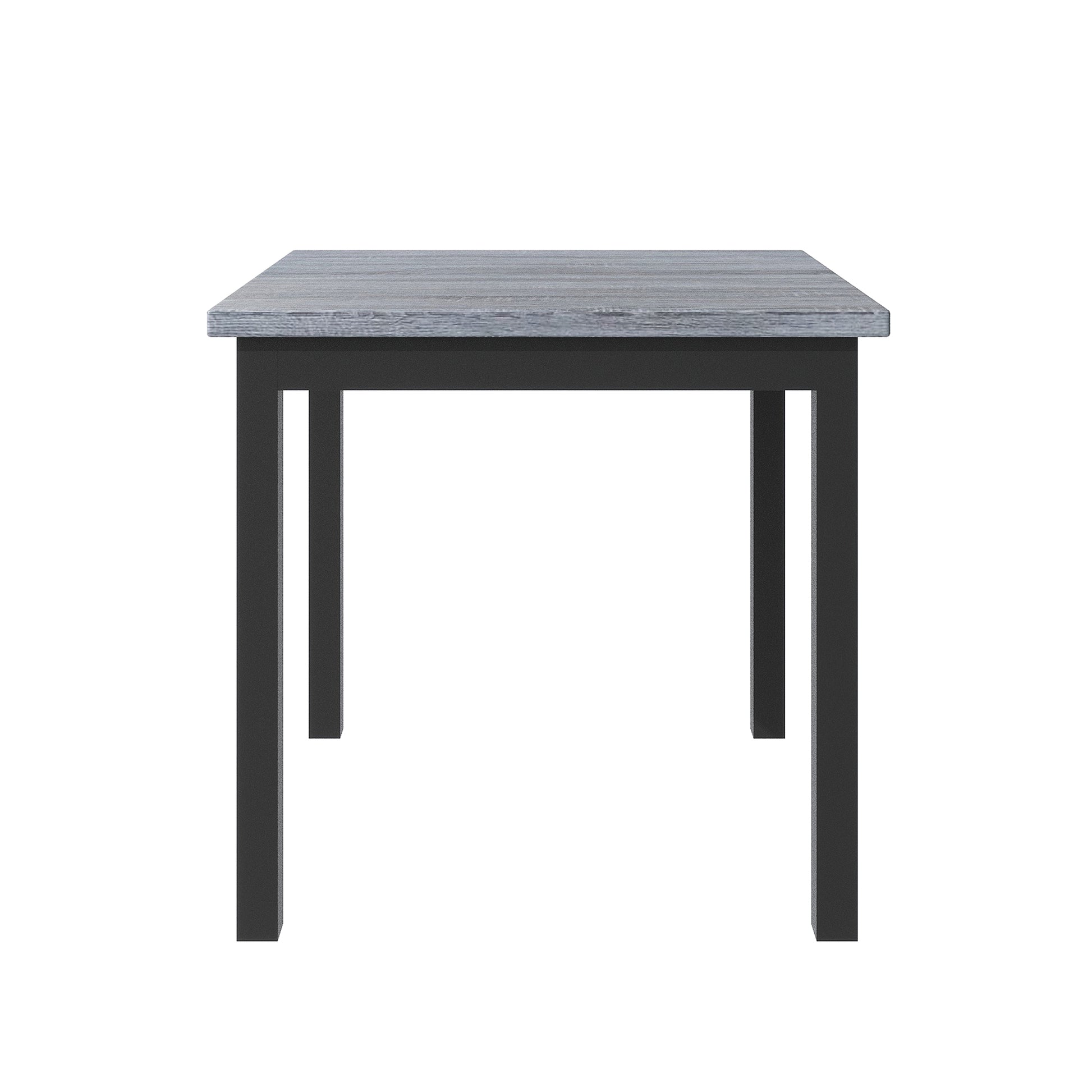 Modern square dining table with distressed grey wood top and black metal legs