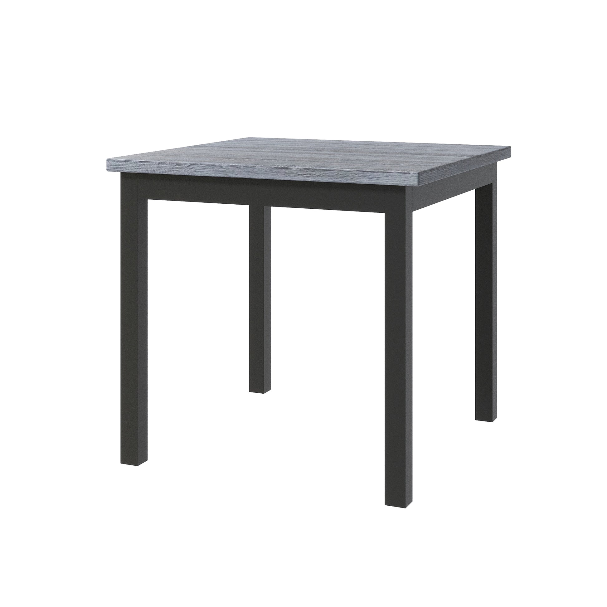 Square dining table with weathered grey wood top and dark metal legs