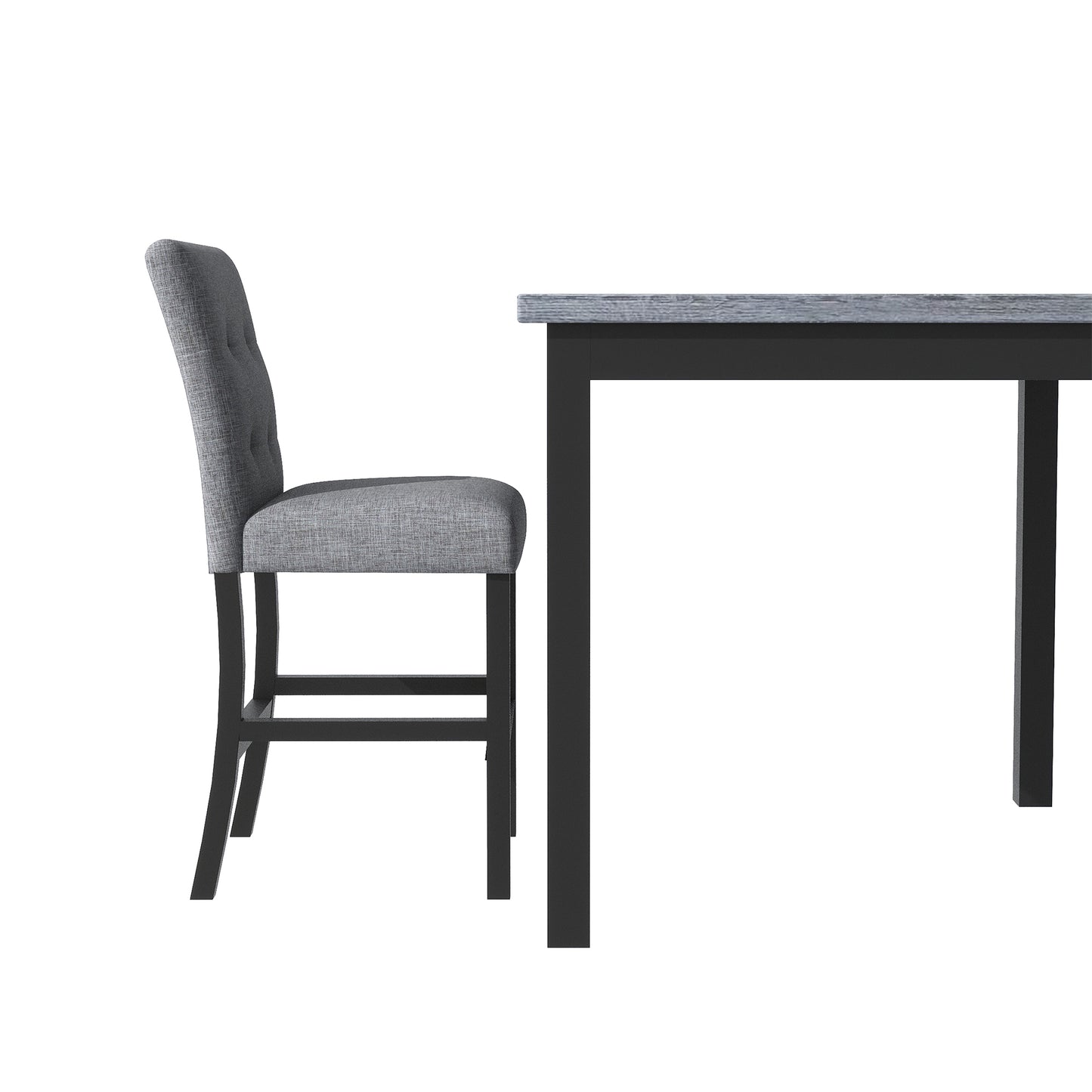 Tufted gray upholstered dining chair with dark wood legs