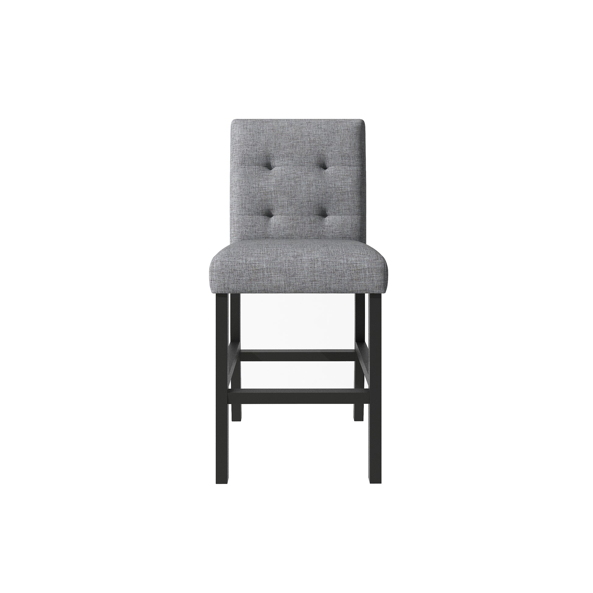 Gray linen buttontufted bar stool with dark wood legs