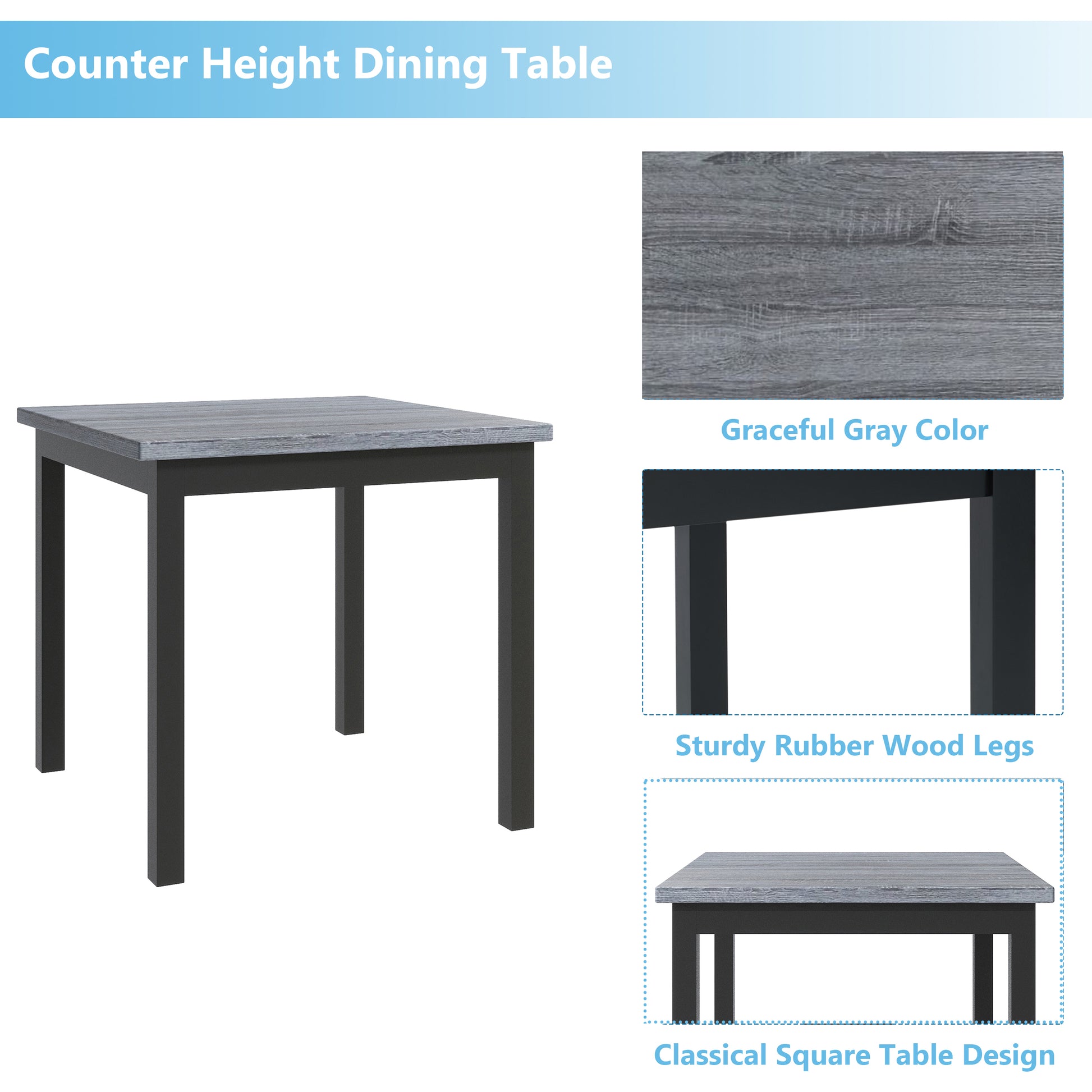 Gray counter height dining table with dark legs and wood grain top