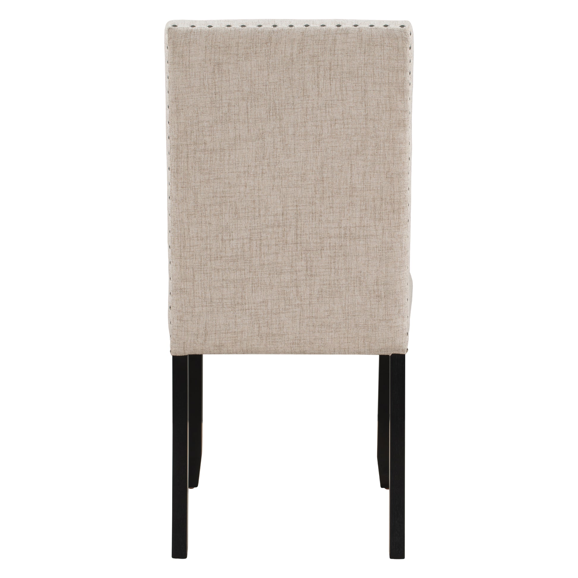 Cream upholstered dining chair with nailhead trim and dark wood legs