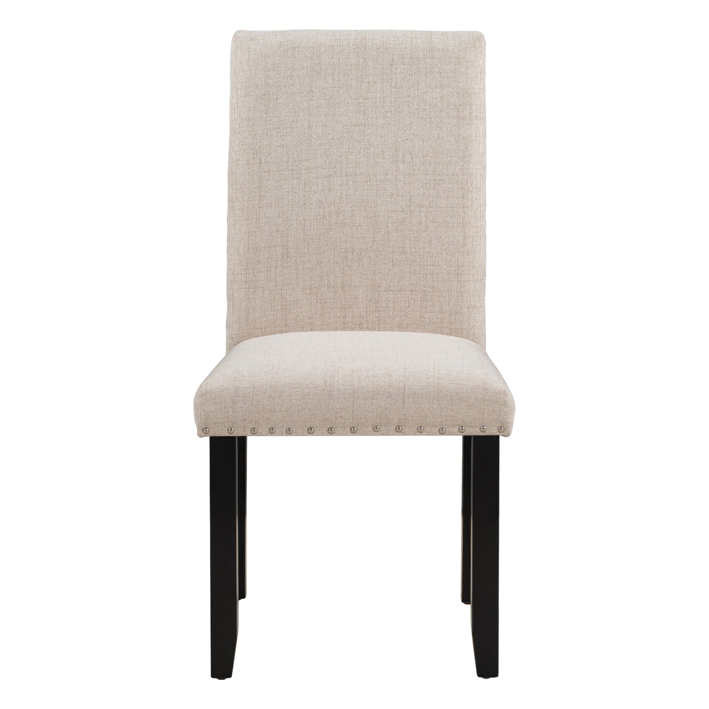 Beige upholstered dining chair with nailhead trim and dark wood legs