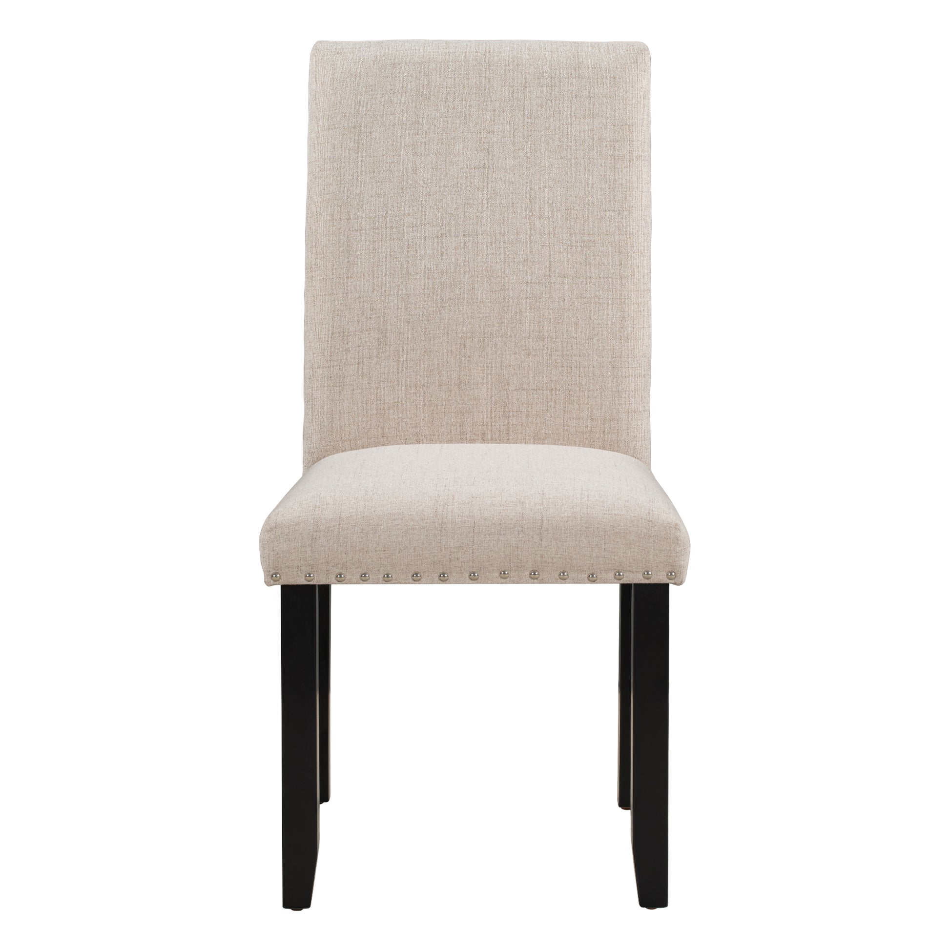 Beige upholstered dining chair with nailhead trim and dark wood legs