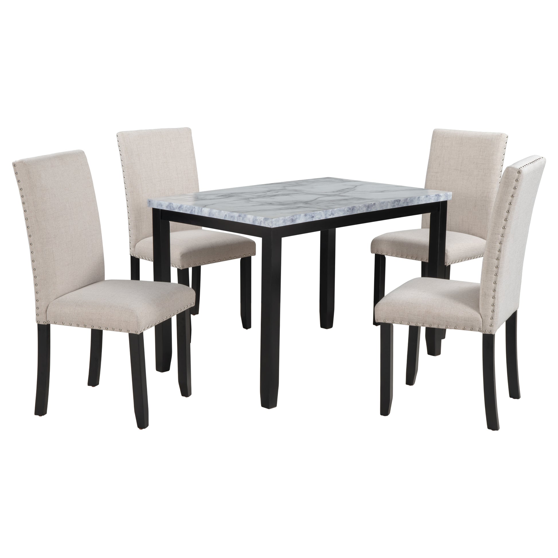 Marble top dining table with four neutral linen upholstered chairs