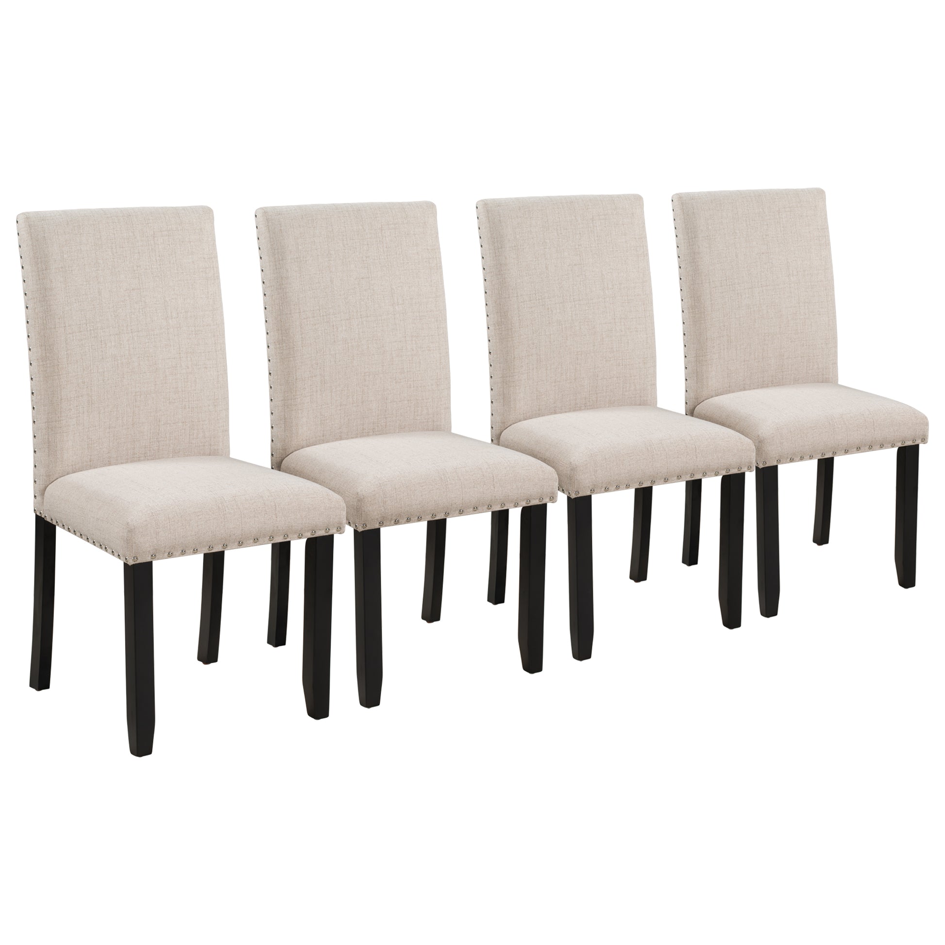 Four beige upholstered dining chairs with nailhead trim and dark wood legs