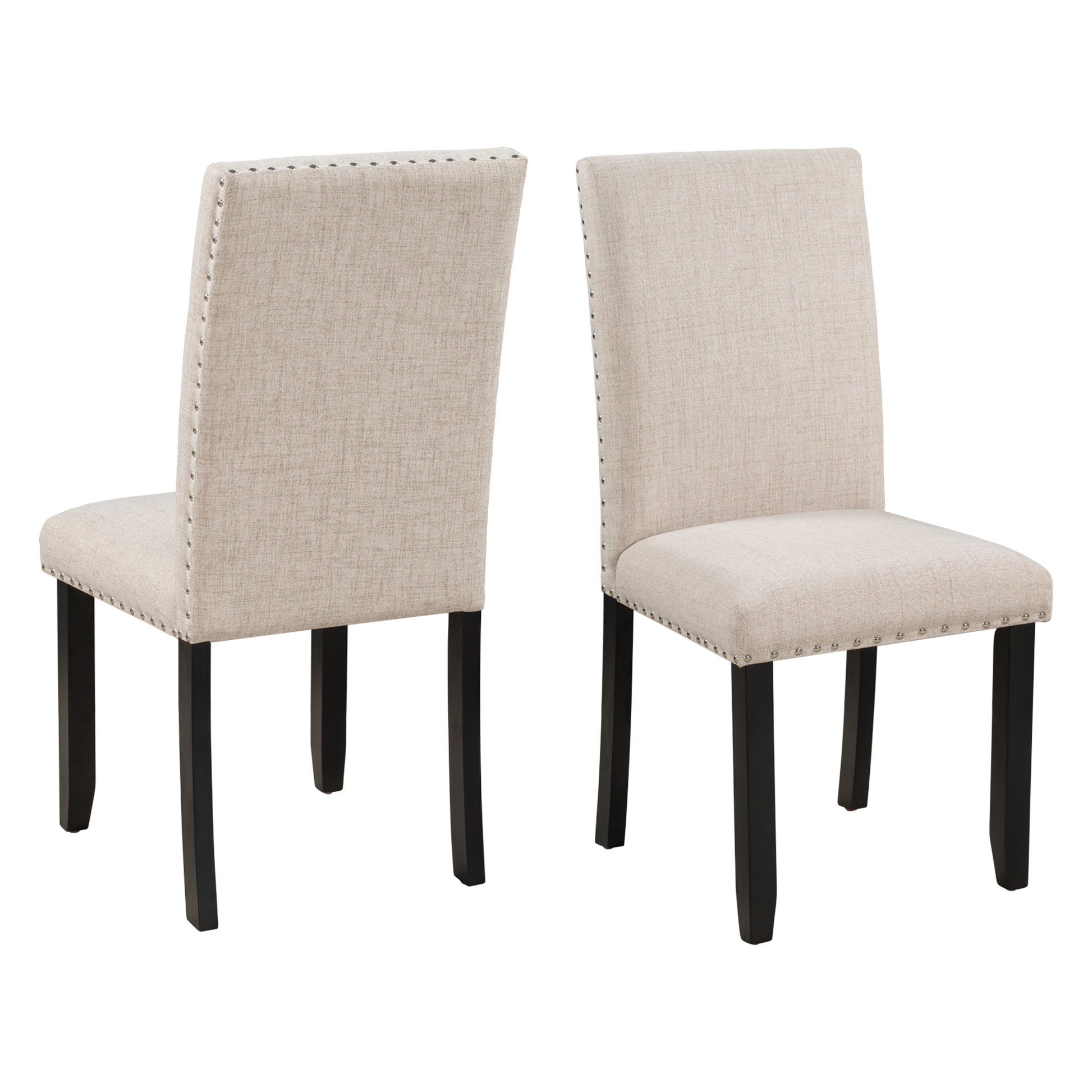 Light beige upholstered dining chair with nailhead trim and dark wood legs