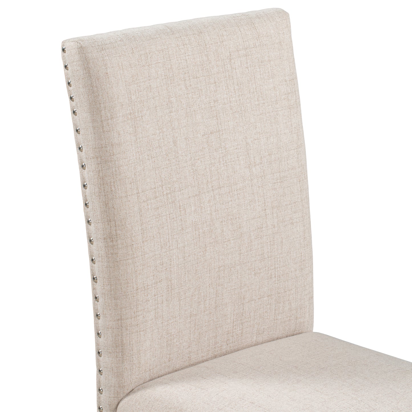 Beige linen upholstered dining chair with decorative nailhead trim