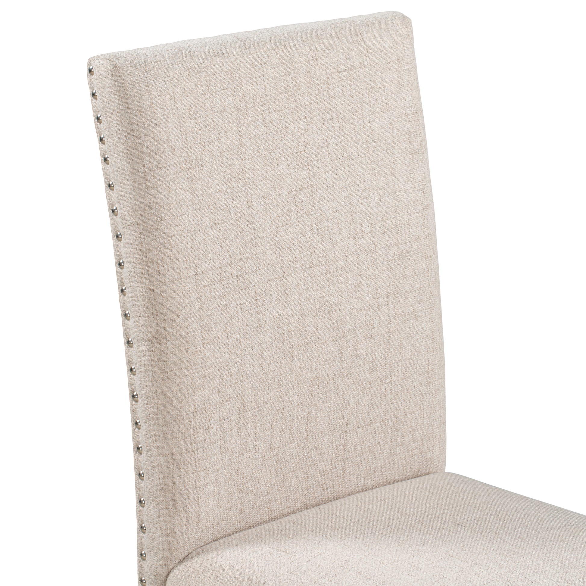 Beige linen upholstered dining chair with decorative nailhead trim