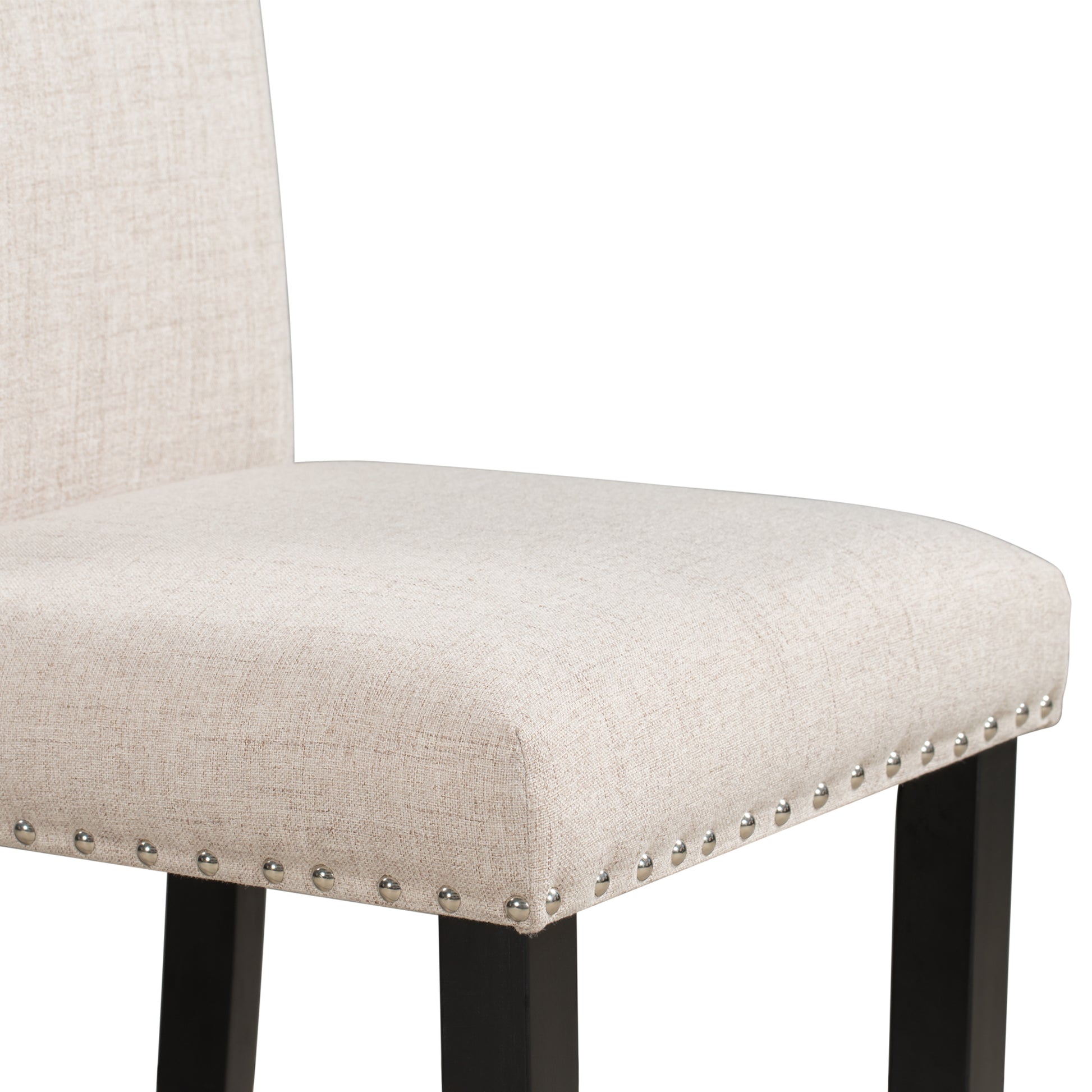 Beige linen upholstered dining chair with silver nailhead trim