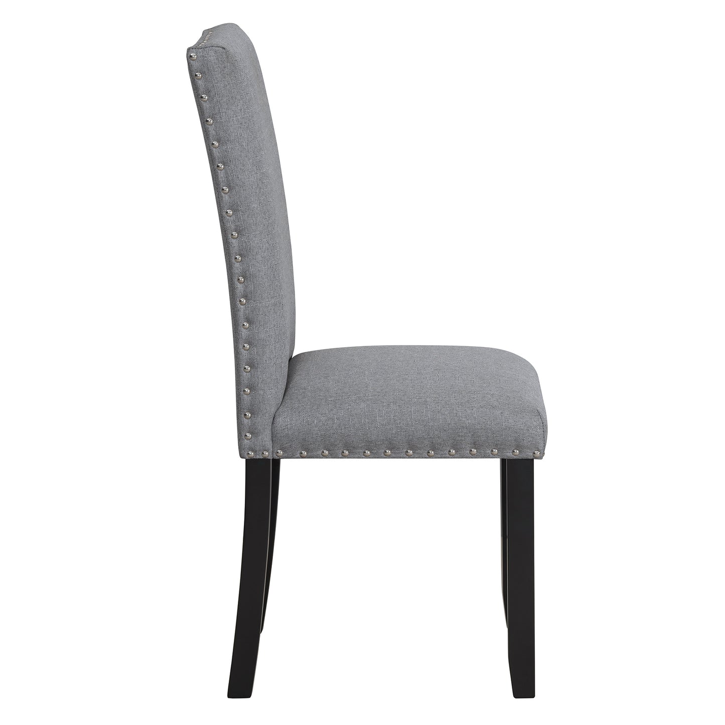 Tufted grey fabric dining chair with nailhead trim and dark wooden legs