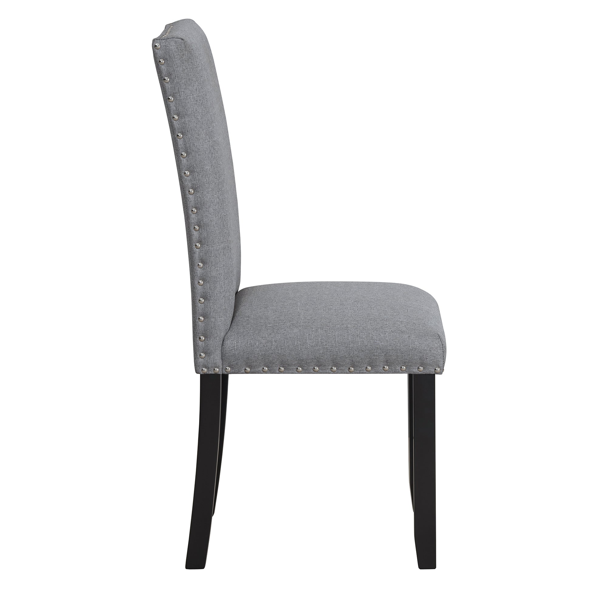 Tufted grey fabric dining chair with nailhead trim and dark wooden legs