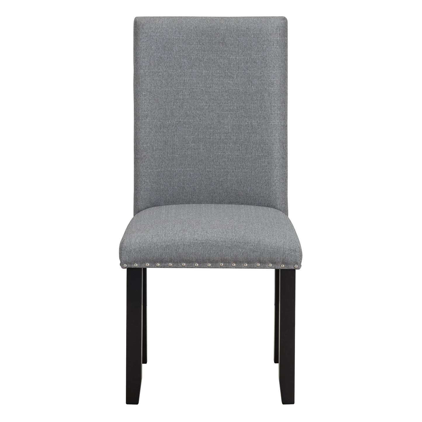 Gray upholstered dining chair with nailhead trim