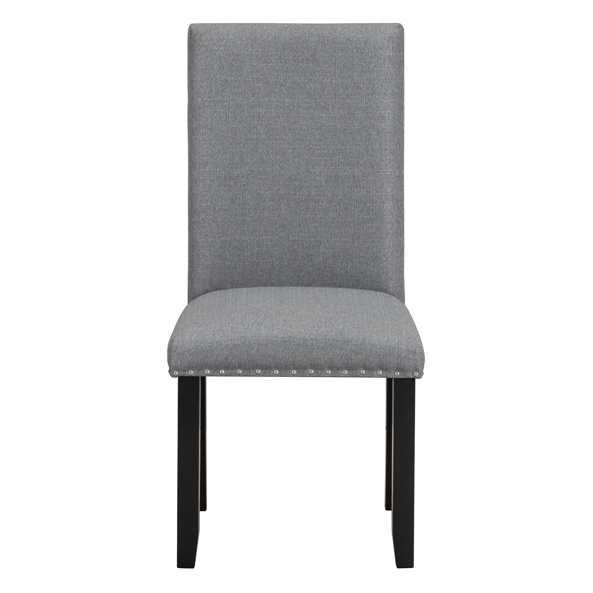 Gray upholstered dining chair with nailhead trim