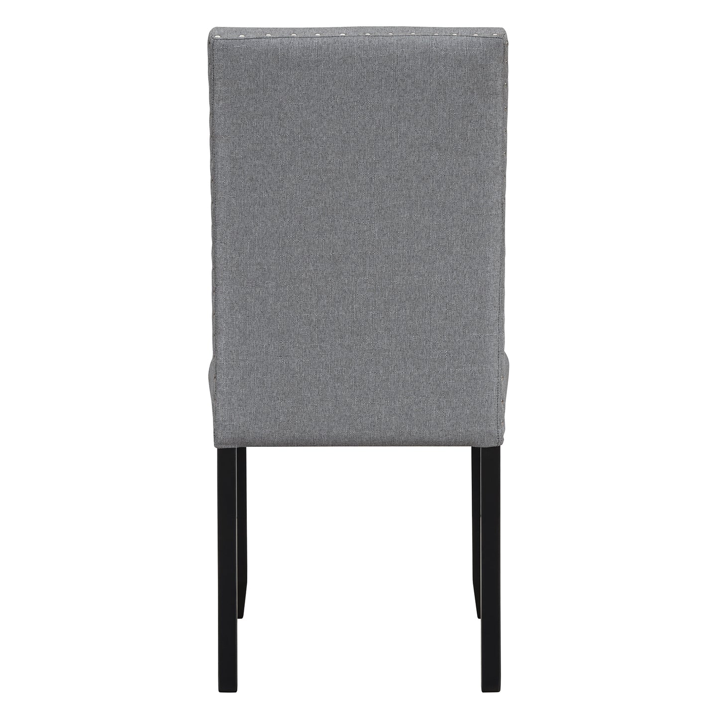 Tufted grey fabric dining chair back with black wooden legs