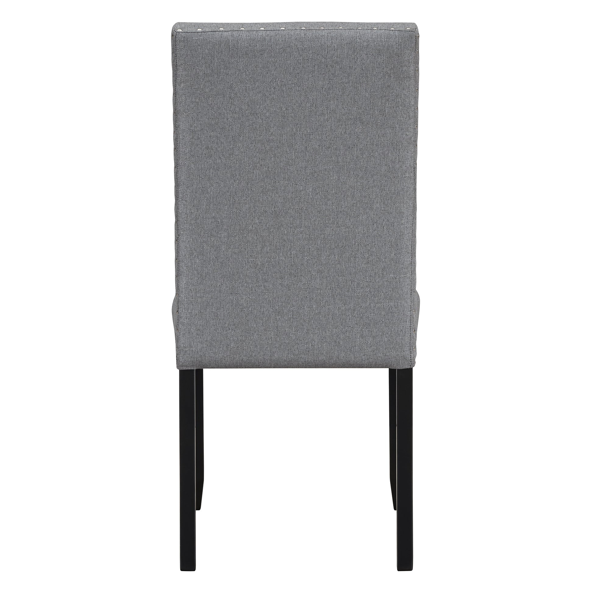 Tufted grey fabric dining chair back with black wooden legs
