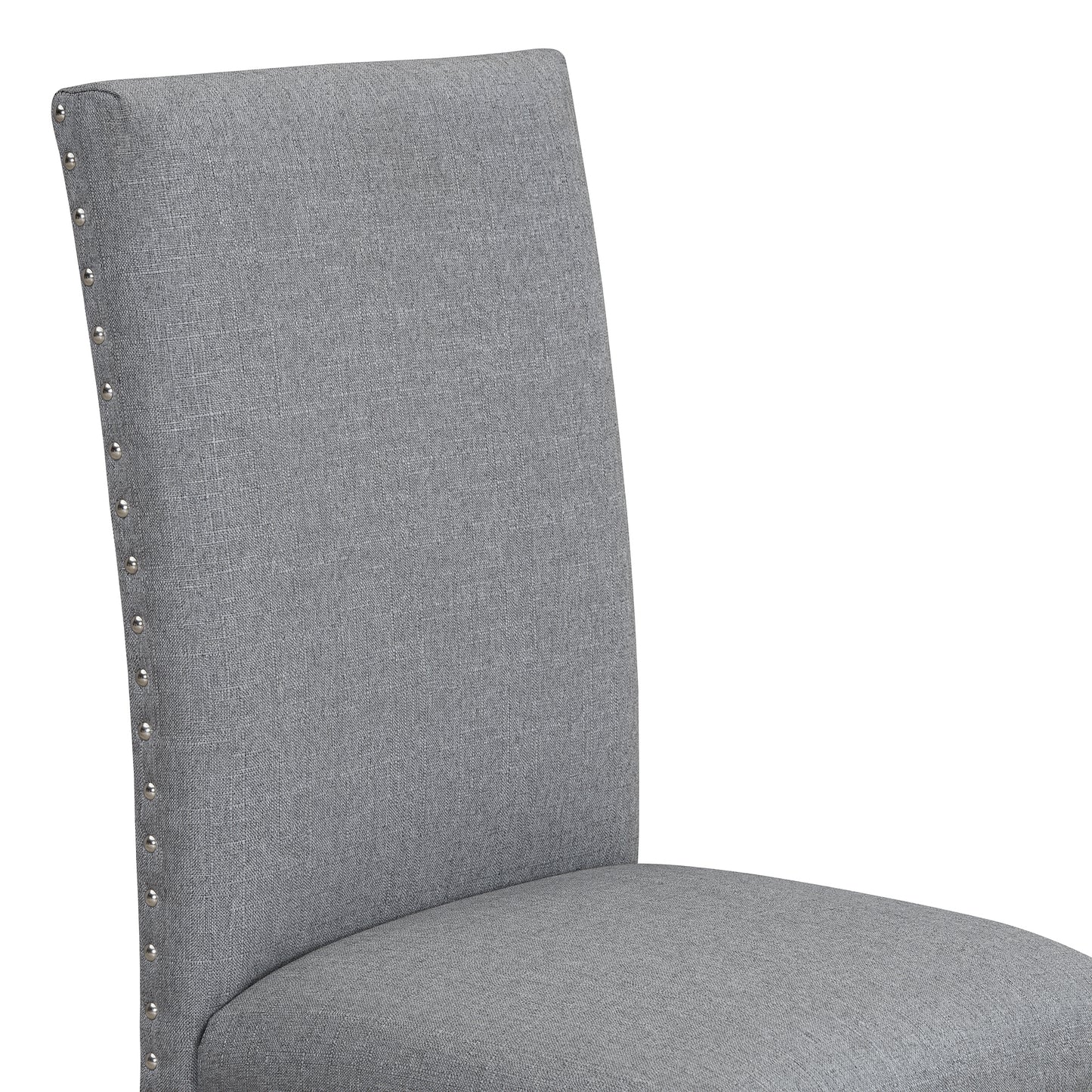 Gray linen dining chair with nailhead trim on the backrest