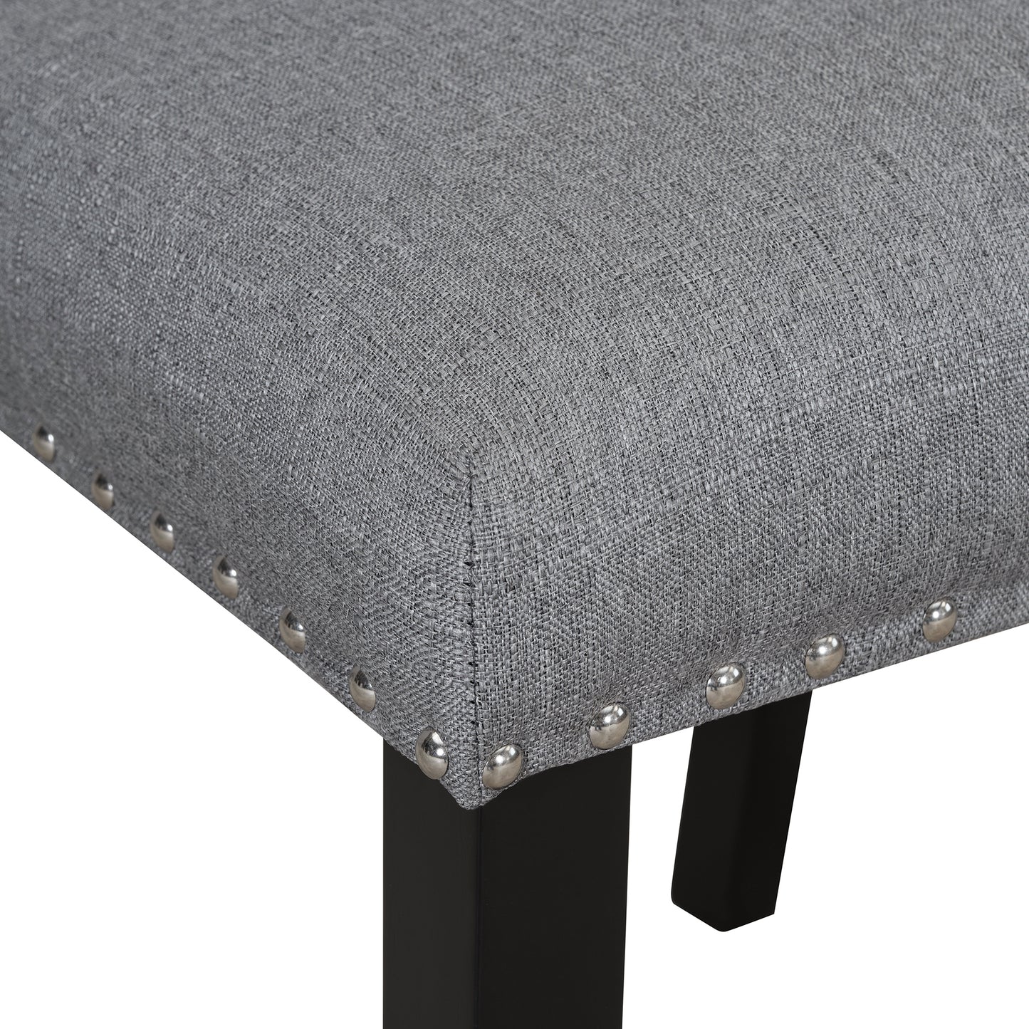 Gray linen upholstered dining chair seat with silver nailhead trim