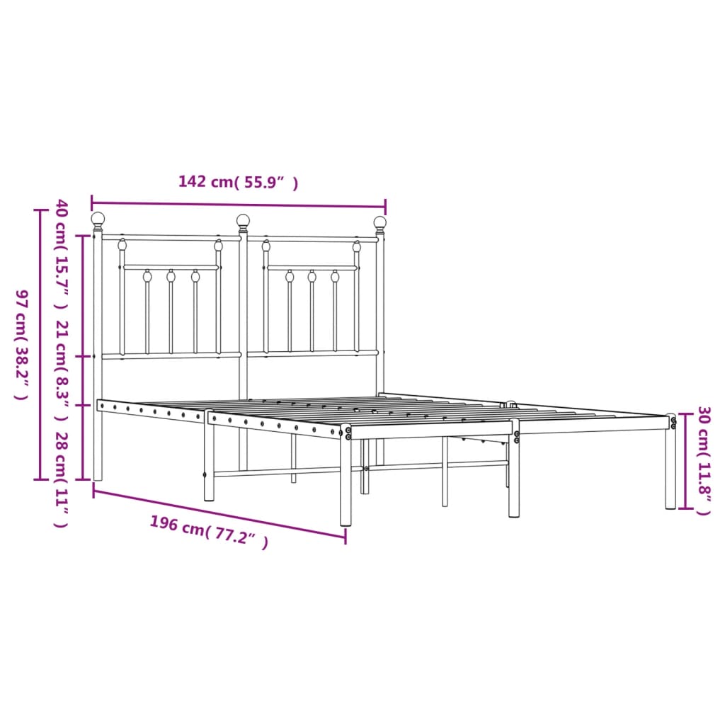 Closeup of a black wrought iron bed frame with a decorative finial at the top