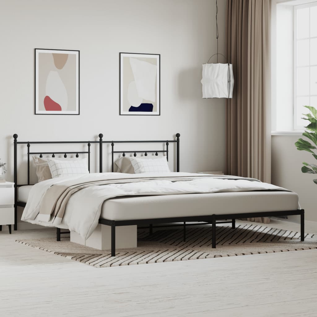 Dark bronze metal platform bed frame with decorative headboard and footboard