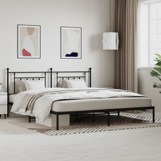 Dark bronze metal platform bed frame with decorative headboard and footboard