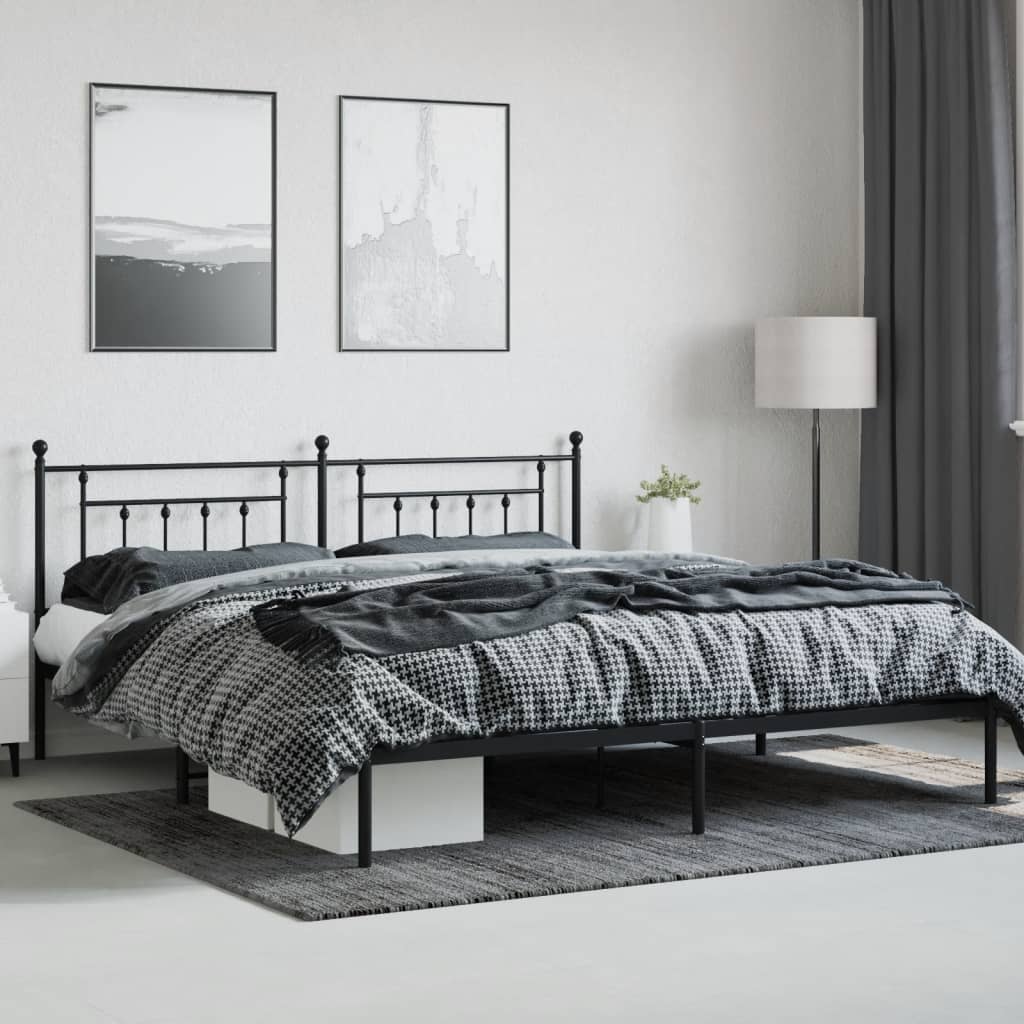 Black metal bed frame with ornate headboard
