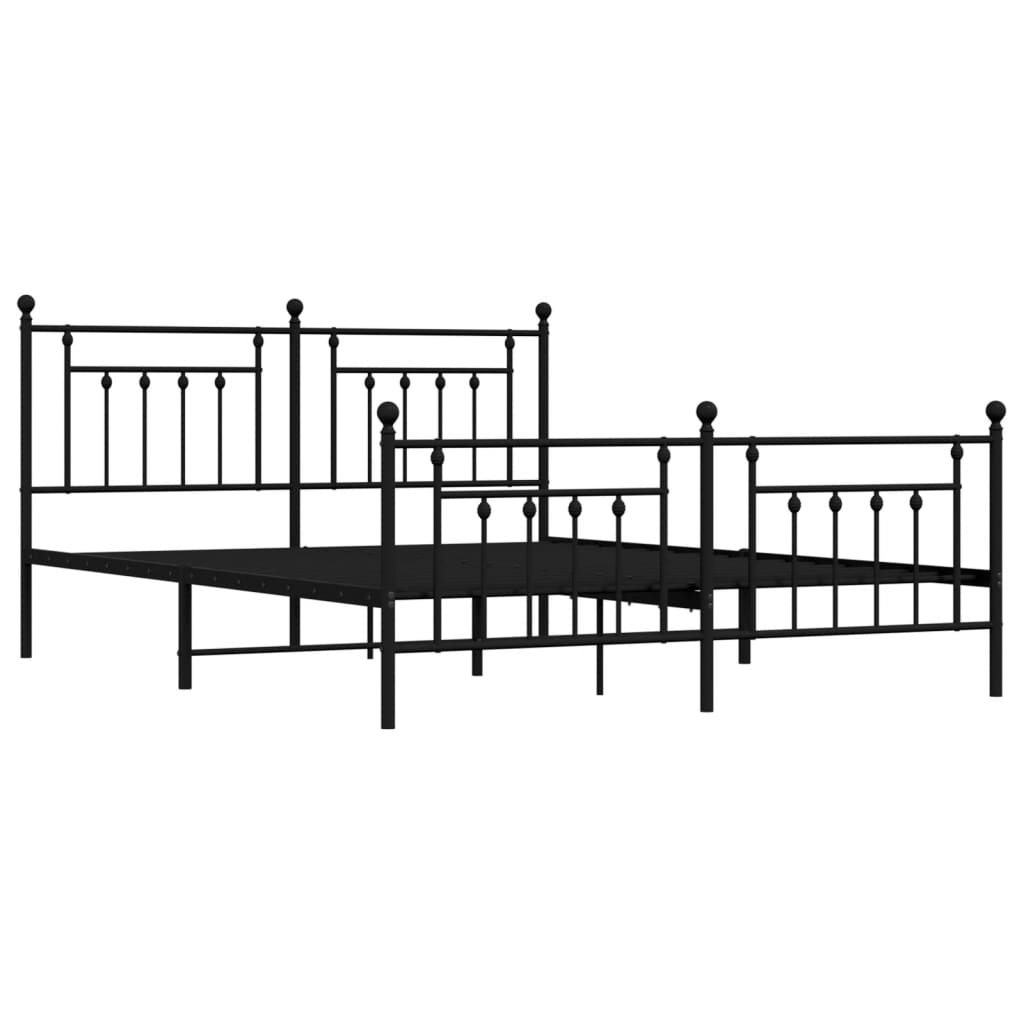 Black metal twin bed frame with ornate headboard and footboard including white mattress