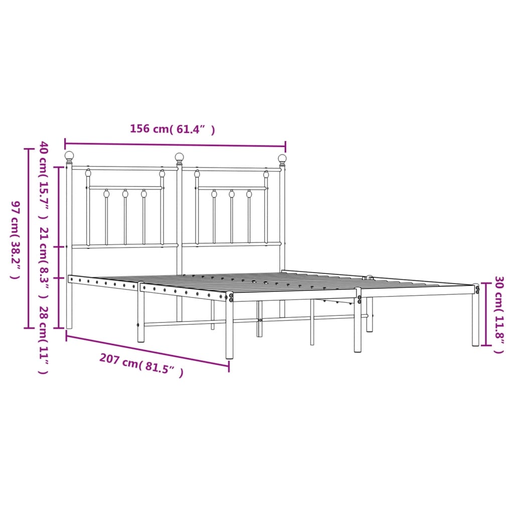 Closeup of white metal bed frame with rounded finials