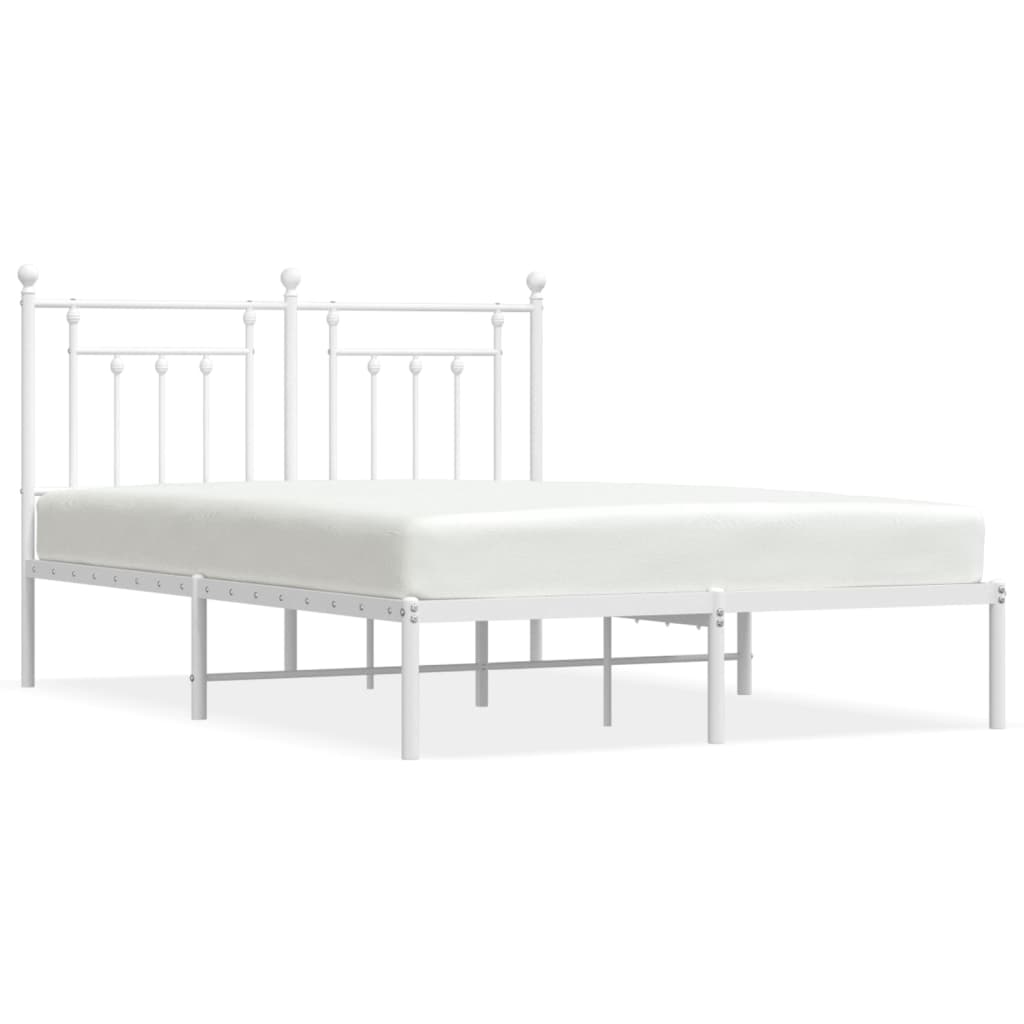 Line drawing of a white metal bed frame with dimensions indicated