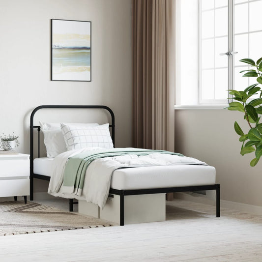 Black metal twin bed frame with curved headboard and footboard