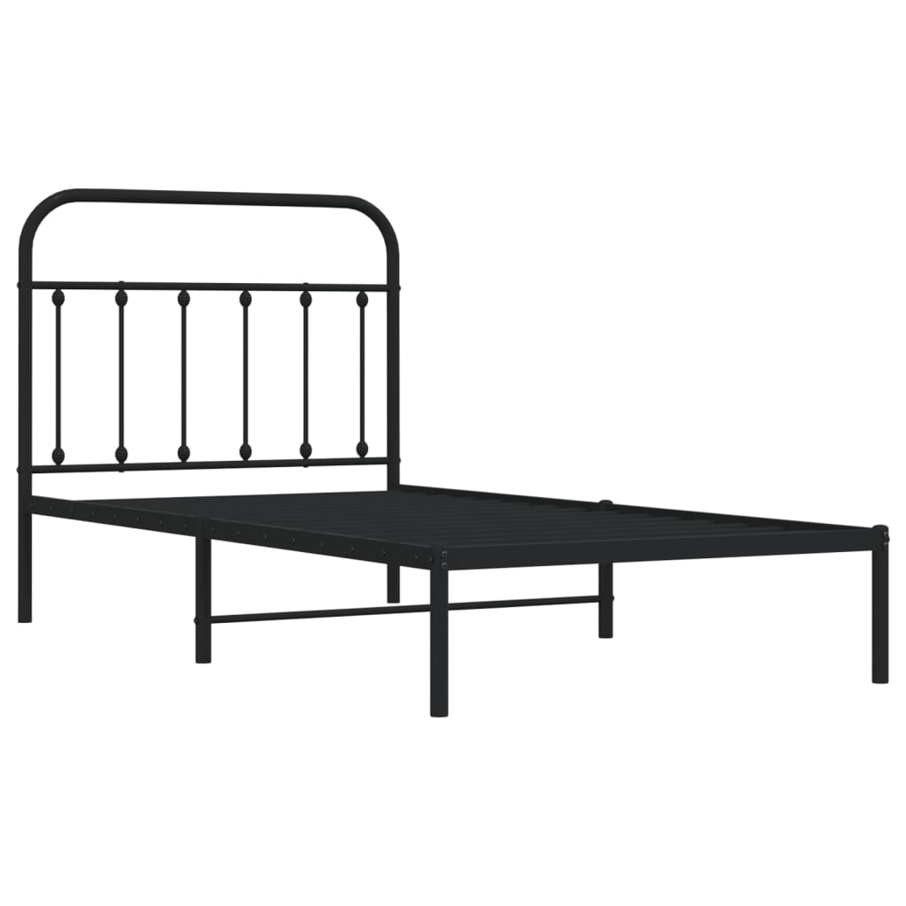 Black metal platform bed frame with rounded headboard and white mattress