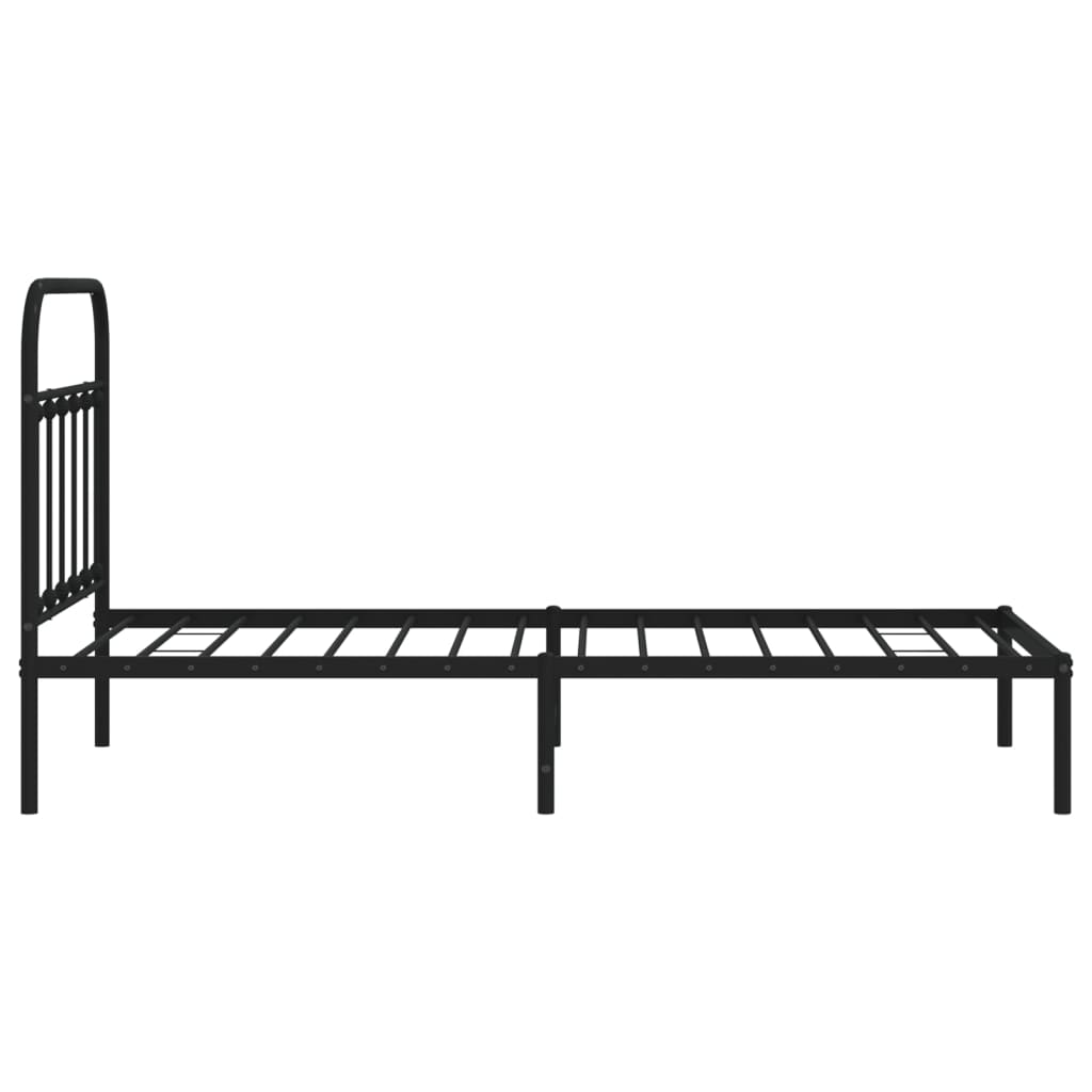 Black metal twin bed frame with a rounded headboard and vertical slats