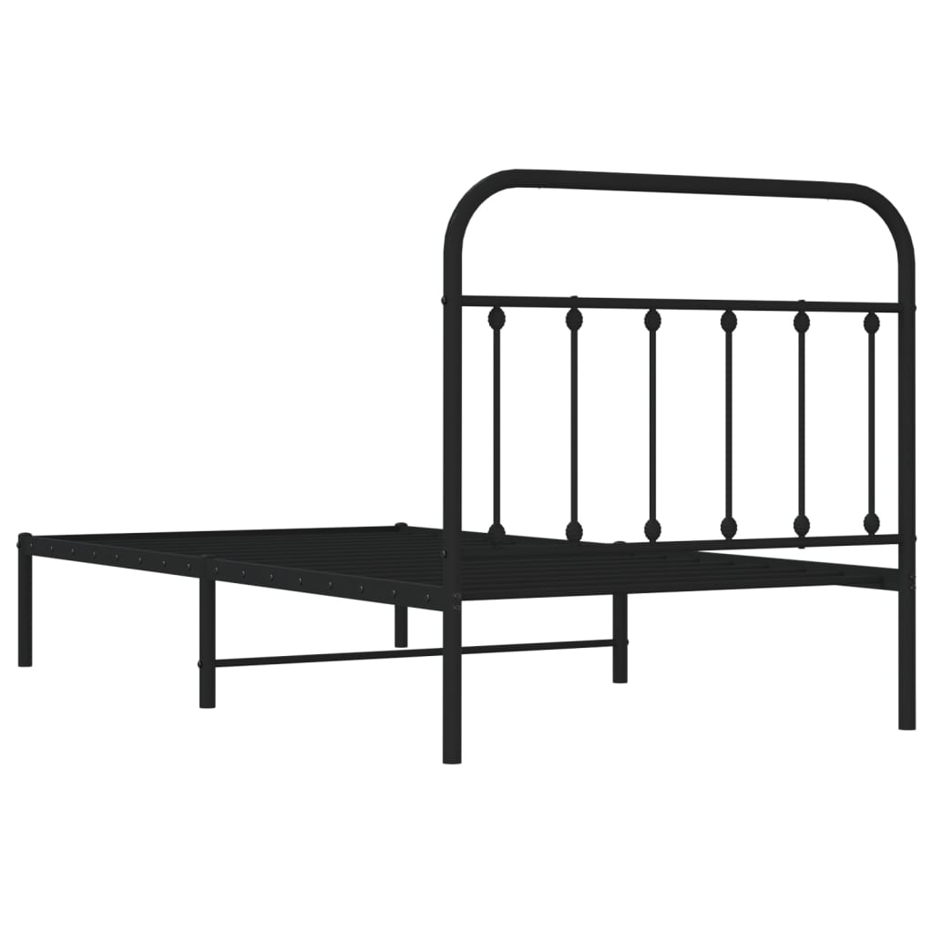 Black metal single bed frame with a simple headboard and slatted base